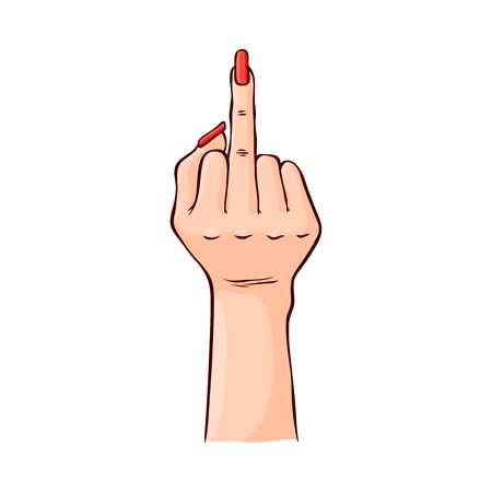Vector illustration of female hand showing rude Fuck you gesture in sketch style isolated on white background. Hand drawn woman wrist with manicure and red nail polish with middle finger raised. Stock Vector - 110946880 Vector illustration of female hand showing rude Fuck you gesture in sketch style isolated on white background. Hand drawn woman wrist with manicure and red nail polish with middle finger raised. Stock Vector - 110946880