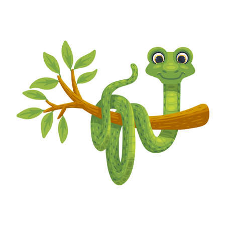 Cartoon character of snake hanging on tree, flat vector illustration isolated.
