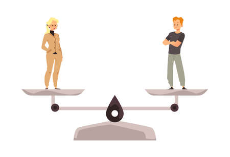 Abstracte gendergelijkheid concept met man en vrouw op schalen, platte vectorillustratie geïsoleerd op een witte achtergrond. Stockfoto
