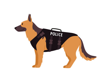 白い背景にベストを着た警察犬、平らなベクターイラスト。の