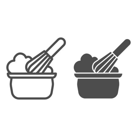 Manual stirring line and solid icon. whipping cream proces, whisk and bowl symbol, outline style pictogram on white background. bakery sign for mobile concept and web design. vector graphics