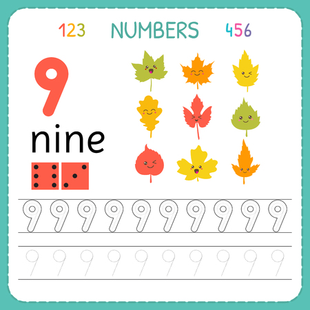 Numbers Tracing Worksheet For Preschool And Kindergarten Writing Number Nine Exercises Kids
