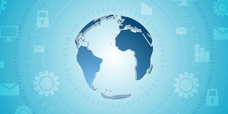 Cyan blue tech abstract background with globe and networking icons vector technology concept drawing design