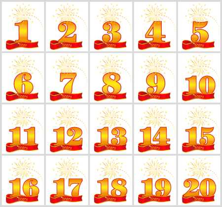 conjunto de números de oro del 1 al 20 y la palabra del año decorada