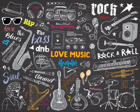 Instrumentos de la mÃºsica fijados. DÃ© el bosquejo exhausto, ilustraciÃ³n vectorial en la pizarra Foto de archivo - 60452651