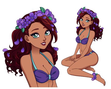 Pretty cartoon girl with curly hair wearing purple swimsuit and flower wreath. black hair, dark skin, big blue eyes. hand draw vector illustration.
