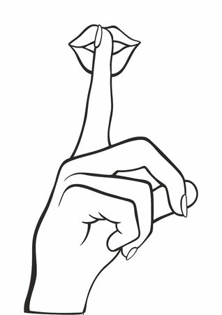 With finger on her lips, shows an index finger in front of her lips a asking for silence. quiet please, shhh, w finger to nose making shush sound