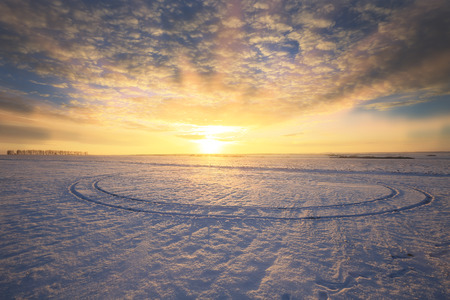 winter landscape colorful sunrise over the snow-covered field - 71390514