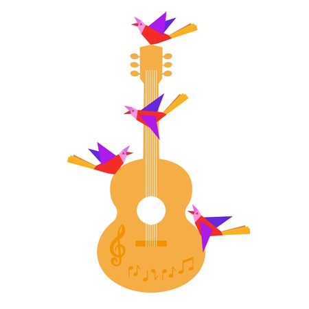 template design poster with acoustic guitar clef notes birds