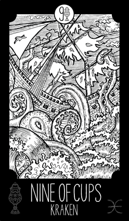カップの 9 つ クラーケン 小アルカナのタロット カード ファンタジー ライン アート イラスト のイラスト素材 ベクタ Image 74472868