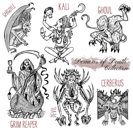 手描きは 白で隔離死の概念の悪魔と設定します グラフィックのベクター イラストです 死神 カーリー女神 サーベラスと他のモンスターの 線画アートを刻まれました のイラスト素材 ベクタ Image 手描きは 白で隔離死の概念の悪魔と設定します グラフィックのベクター イラストです 死神 カーリー女神 サーベラスと他のモンスターの 線画アートを刻まれました のイラスト素材 ベクタ Image