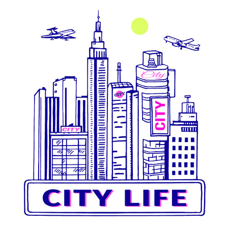 高層ビル街 空に飛行機で近代的な都市風景のイラストをスケッチします のイラスト素材 ベクタ Image