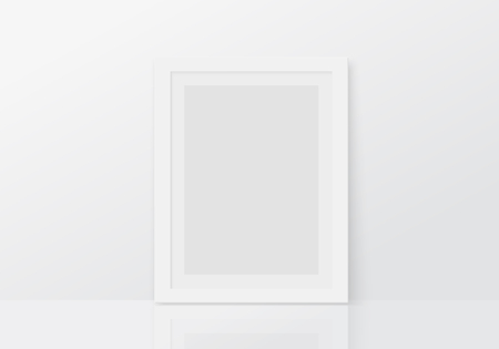 Mock up with vertical empty white frame standing on floor. Blank photo frame template. Vector illustration.