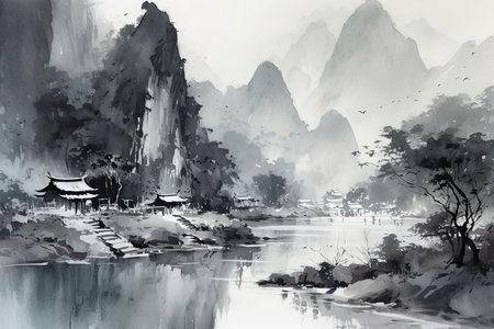 山と川を描いた、水墨洗いで作られた伝統的な中国風の風景画