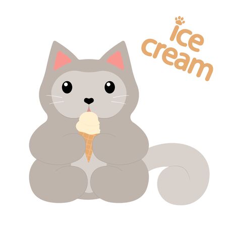 Cute Sitting Gray Cat With Heart Shaped Nose Eating Ice Cream