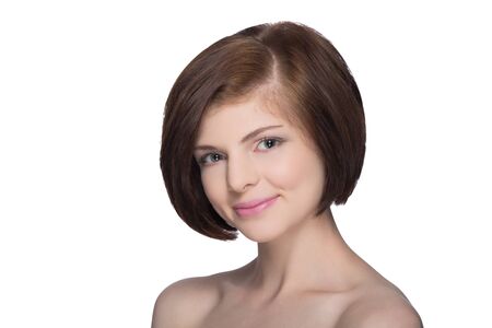 Beautiful Young Woman With Straight Short Hair Isolated On White