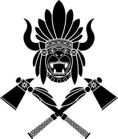 アステカ族の戦士豹頭の頭の羽飾りを身に着けてのイラスト素材 ベクタ Image