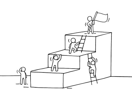 ほとんどの人々 を登るとキャリア開発ラダーのスケッチ 上のリーダーと階段のかわいいミニチュアを落書き 手には ビジネス設計上の漫画のベクトル図が描かれました のイラスト素材 ベクタ Image