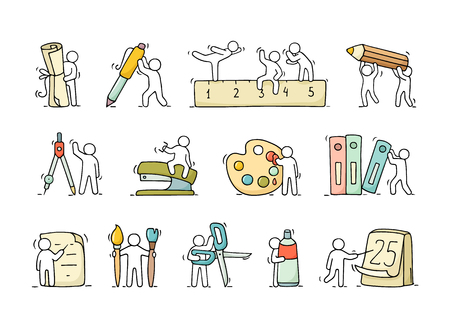 事務用品 少し社会人とセットです 文房具と労働者の落書きかわいいミニチュア シーン 手には ビジネス デザイン学校漫画ベクトル図が描かれました のイラスト素材 ベクタ Image