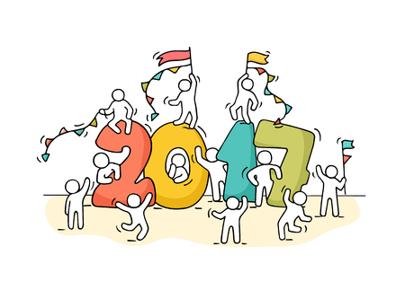 17年明けましておめでとうございます 数字を持つ小さな人々と漫画の落書きイラスト お祝いのための手描きのベクトルイラスト のイラスト素材 ベクタ Image 9613