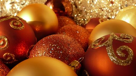 Red Orange And Gold Christmas Tree Balls In Tinsel Stock Photo Red Orange And Gold Christmas Tree Balls In Tinsel Stock Photo