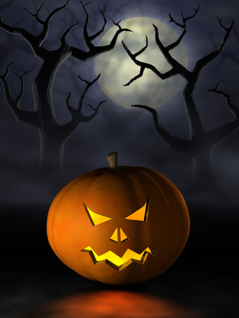 Moonlight lanterns: Frightening Halloween pumpkin or Jack OLantern in a spooky and misty forest under a full moon at night.