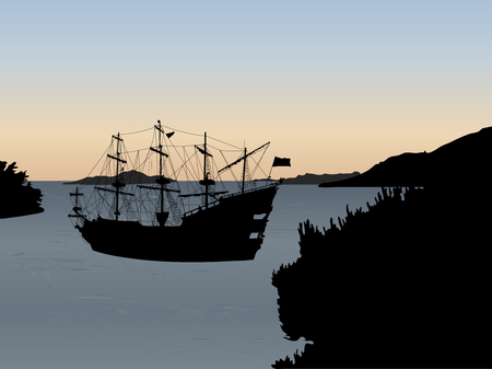 白い背景に孤立した海賊船の黒いシルエットのイラスト素材 ベクタ Image