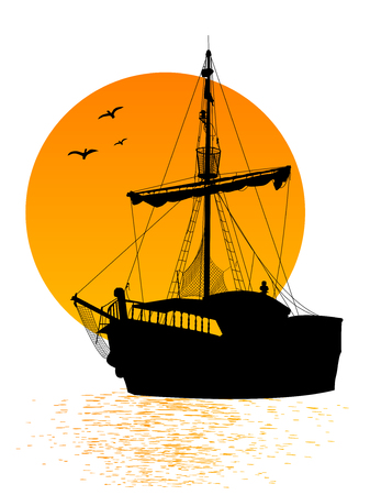 白い背景に孤立した海賊船の黒いシルエットのイラスト素材 ベクタ Image