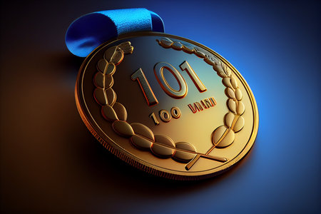 Digital illustration of gold medal with number 1, blue background.generative ai