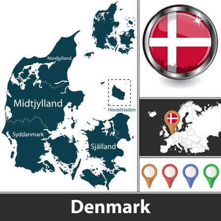 Map of denmark with regions and location on european map. vector image Ilustrações vetoriais