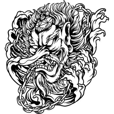 Tengu mask japan with ornaments silhouette