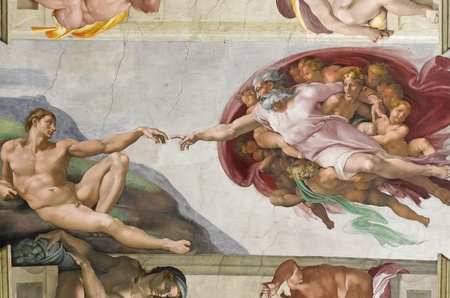 イタリア タペストリー アダムとイブ ミケランジェロ 名画 骨董品 アンティーク ローマ, イタリア - 2012 年 3 月 30 日: アダムの創造