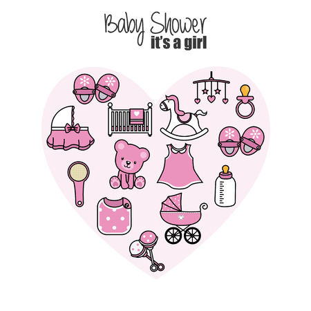 Tarjeta De Baby Shower. Iconos De Niña Bebé. Accesorios, Juguetes Ilustraciones Svg, Vectoriales, Clip Art Vectorizado Libre De Derechos. Image 101650614.