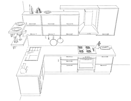 モダンなキッチンのスケッチ 3 D 等高線図 白背景に黒線線 平面図です の写真素材 画像素材 Image