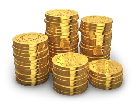 Gold coin: Stacks of golden coins isolated on white background