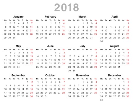 18 年の年間カレンダーのベクトル イラストの色 月曜日最初 英語 白い背景に分離のイラスト素材 ベクタ Image 18 年の年間カレンダーのベクトル イラストの色 月曜日最初 英語 白い背景に分離のイラスト素材 ベクタ Image
