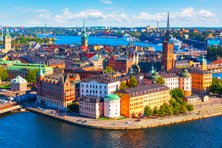 Scenic summer aerial panorama of the Old Town (Gamla Stan) pier architecture in Stockholm, Sweden - 93255198