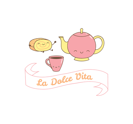 かわいいチーズケーキのベクトル イラストを手描きし コーヒーのカップ テキストは良い一日を過ごします 白い背景の上の孤立したオブジェクト コンセプトのデザート 子供 グリーティング カード 動機付けのポスターをデザインします のイラスト素材 ベクタ