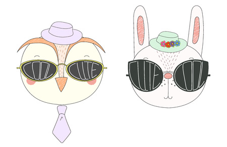 面白いフクロウおよび帽子と大きなサングラスに言葉かわいいウサギの描かれたベクトル イラストを手し クールな中に書かれました 白い背景の上の孤立したオブジェクト 子供のためのデザイン コンセプト のイラスト素材 ベクタ Image 4540