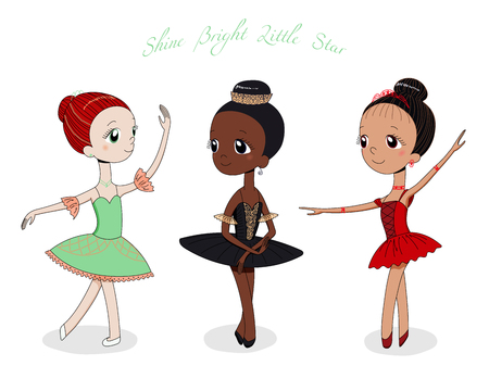 手の種類のポーズや色のかわいい小さなバレリーナ女の子の描かれたベクトル イラスト 本文輝く明るい星 白い背景の上の孤立したオブジェクト 子供たちのダンスのデザイン コンセプト のイラスト素材 ベクタ Image 1002