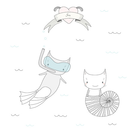 かわいい人魚の女の子 スキューバ ダイビングのマスクとフィンを泳ぐ猫と水 心およびテキストの下の魚の尾を持つ猫の描かれたベクトル イラストを手します 白い背景の上の孤立したオブジェクト デザイン コンセプトの子供 のイラスト素材 ベクタ Image 48