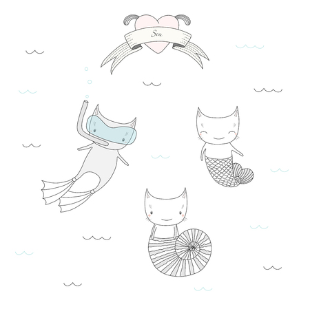 フィンを泳ぐとリボンの海 心およびテキストの海でのダイビング スキューバ ダイビングのマスクでかわいい小さな猫の描かれたベクトル イラストを手します 白い背景の上の孤立したオブジェクト 子供のためのデザイン コンセプト のイラスト素材 ベクタ Image フィンを泳ぐとリボンの海 心およびテキストの海でのダイビング スキューバ ダイビングのマスクでかわいい小さな猫の描かれたベクトル イラストを手します 白い背景の上の孤立したオブジェクト 子供のためのデザイン コンセプト のイラスト素材 ベクタ Image