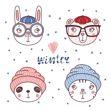 手描きかわいい面白い動物のセットで暖かい帽子 マフラー 冬 雪の引用符と直面しています 雪の結晶の白い背景の上の孤立したオブジェクト ベクトルの図 デザイン コンセプトの子供 寒さ のイラスト素材 ベクタ Image 手描きかわいい面白い動物のセットで暖かい帽子 マフラー 冬 雪の引用符と直面しています 雪の結晶の白い背景の上の孤立したオブジェクト ベクトルの図 デザイン コンセプトの子供 寒さ のイラスト素材 ベクタ Image
