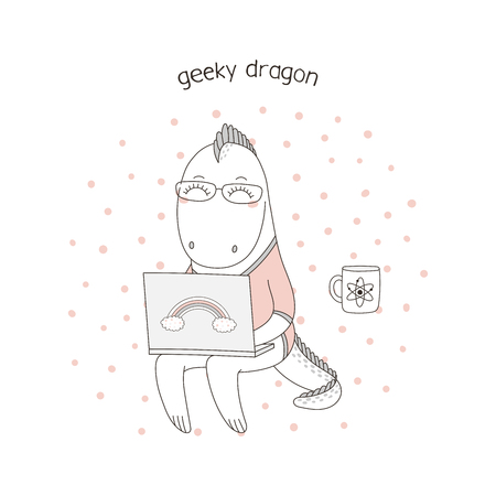 メガネでかわいい面白い漫画のドラゴンの手描きイラスト のイラスト素材 ベクタ Image