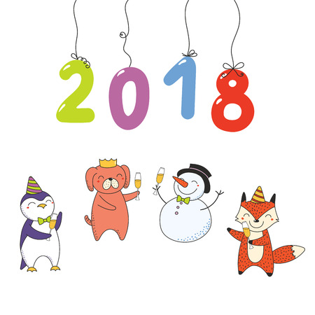 手描きハッピーニューイヤー18グリーティングカード 大きな数字のバナーテンプレート かわいい面白い漫画の動物 のイラスト素材 ベクタ Image