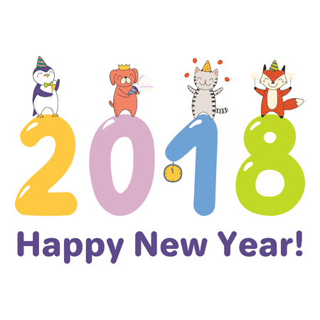 手描きハッピーバースデーグリーティングカード かわいい面白い漫画の動物 を祝うバナーテンプレート ケーキ テキスト 白い背景に分離されたオブジェクト ベクトルイラスト パーティーのデザインコンセプト のイラスト素材 ベクタ Image