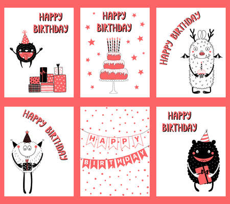 set of hand drawn birthday cards gift tags templates with cute