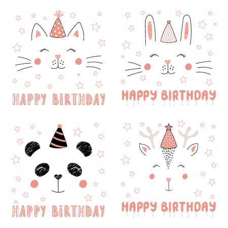 パーティー帽子にかわいい面白いウサギの手描きベクトルポートレート テキストハッピーバースデー 白い背景に分離されたオブジェクト ベクトルイラスト 子供 パーティー お祝い カードのためのデザインコンセプト のイラスト素材 ベクタ Image