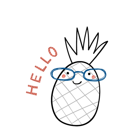 メガネでかわいい面白いフラミンゴの手描きの肖像画 キャップ こんにちはと言います 白い背景に分離されたオブジェクト 線画 ベクターの図 子供の印刷のためのデザインコンセプト のイラスト素材 ベクタ Image