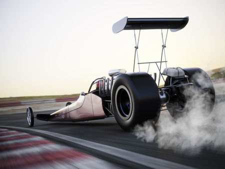 Dragster racing down the track with burnout. photo realistic 3d model scene with room for text or copy space. Stock Photo